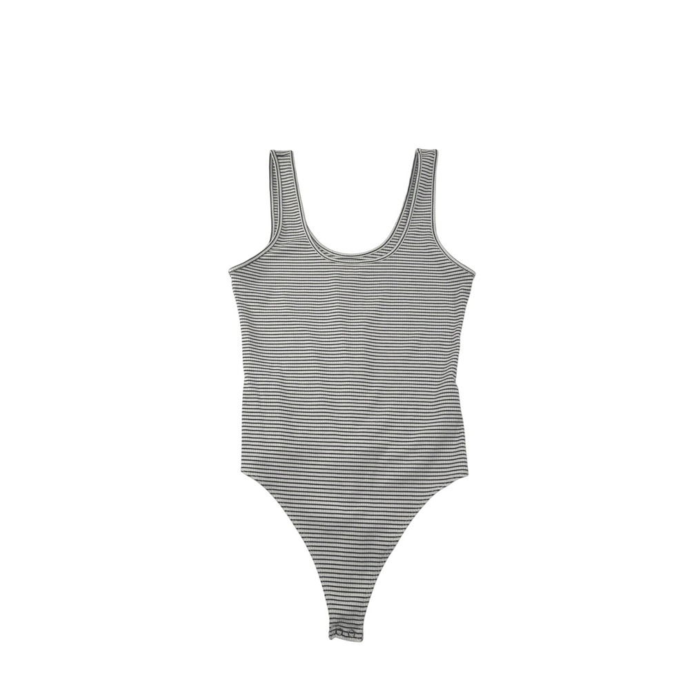 American Eagle Womens Striped Ribbed Sleeveless Thong Bodysuit Large Black